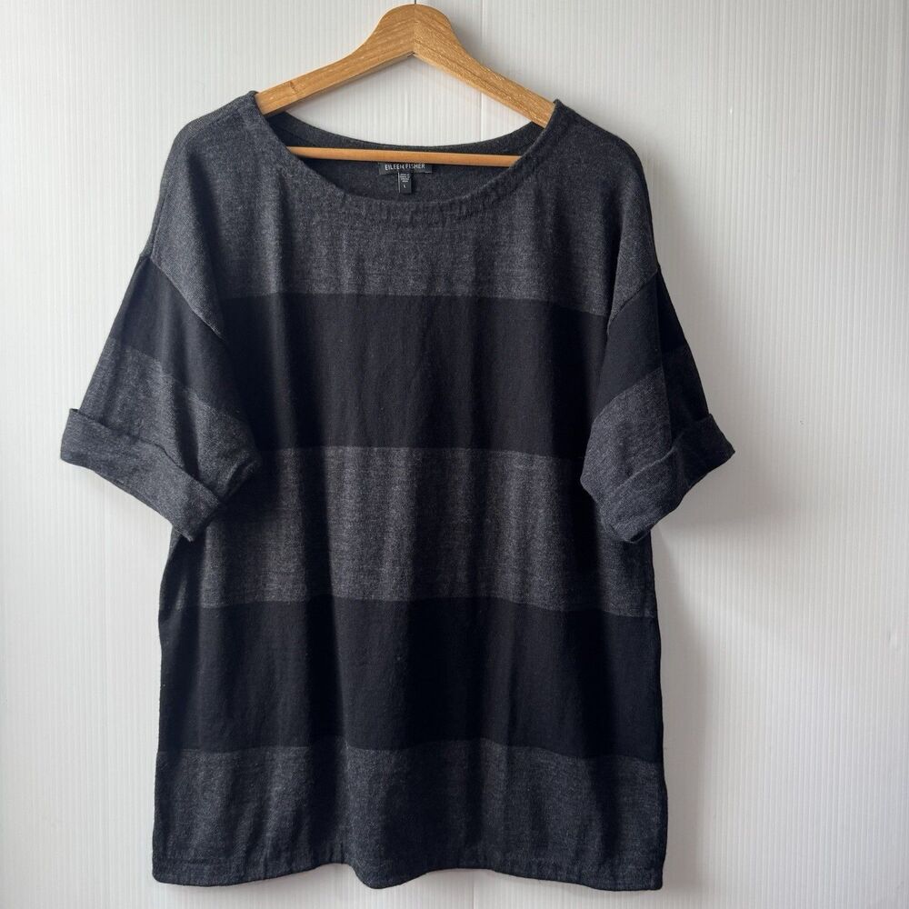 EILEEN FISHER 100% Merino Wool Italian Yarn Black Gray Sz L Sweater Top